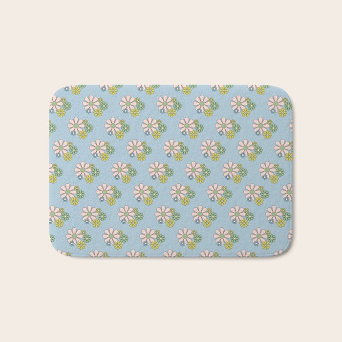 Retro Garden Party 60s 70s Geometric Floral Pattern in Pastel Blue Pink Green Bath Mat Gallery Image 1