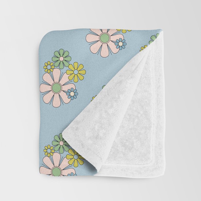 Retro Garden Party 60s 70s Geometric Floral Pattern in Pastel Blue Pink Green Throw Blanket Gallery Image 3