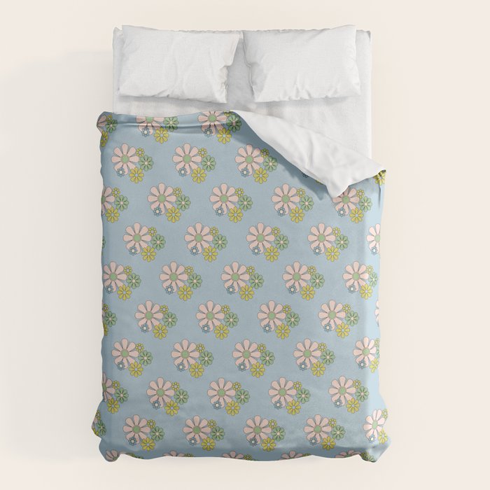 Retro Garden Party 60s 70s Geometric Floral Pattern in Pastel Blue Pink Green Duvet Cover Gallery Image 6
