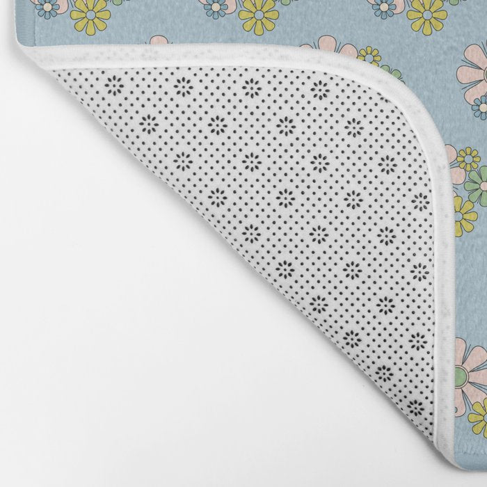 Retro Garden Party 60s 70s Geometric Floral Pattern in Pastel Blue Pink Green Bath Mat Gallery Image 2