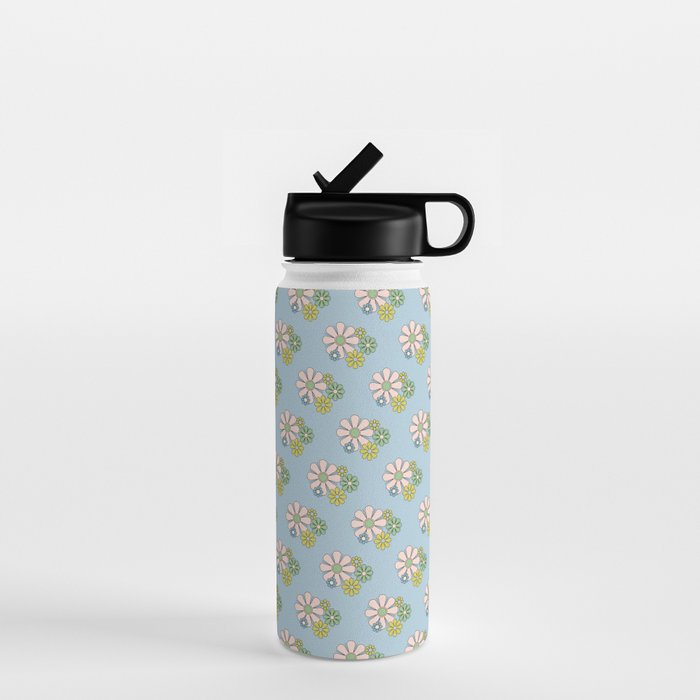 Retro Garden Party 60s 70s Geometric Floral Pattern in Pastel Blue Pink Green Water Bottle Gallery Image 1