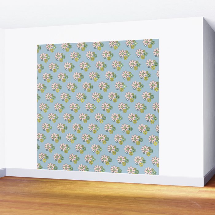 Retro Garden Party 60s 70s Geometric Floral Pattern in Pastel Blue Pink Green Wall Mural Gallery Image 2