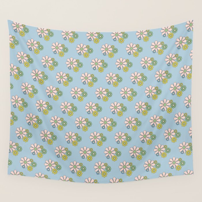 Retro Garden Party 60s 70s Geometric Floral Pattern in Pastel Blue Pink Green Wall Tapestry Gallery Image 4