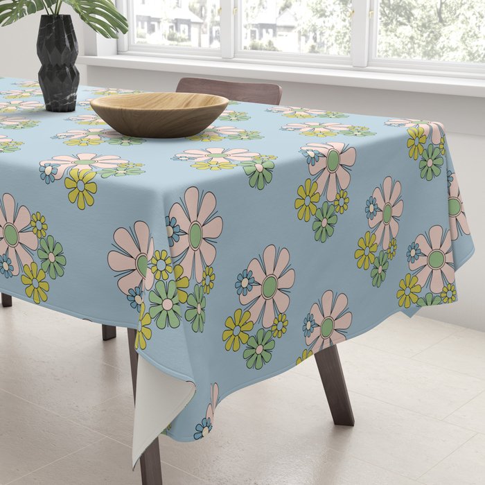 Retro Garden Party 60s 70s Geometric Floral Pattern in Pastel Blue Pink Green Tablecloth Gallery Image 3