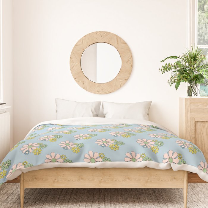 Retro Garden Party 60s 70s Geometric Floral Pattern in Pastel Blue Pink Green Duvet Cover Gallery Image 3