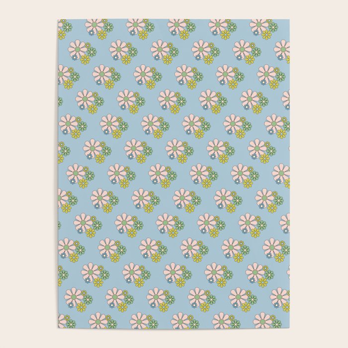 Retro Garden Party 60s 70s Geometric Floral Pattern in Pastel Blue Pink Green Poster Gallery Image 4