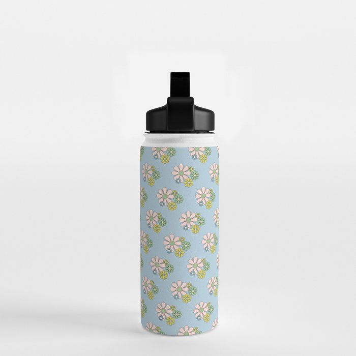 Retro Garden Party 60s 70s Geometric Floral Pattern in Pastel Blue Pink Green Water Bottle Gallery Image 2