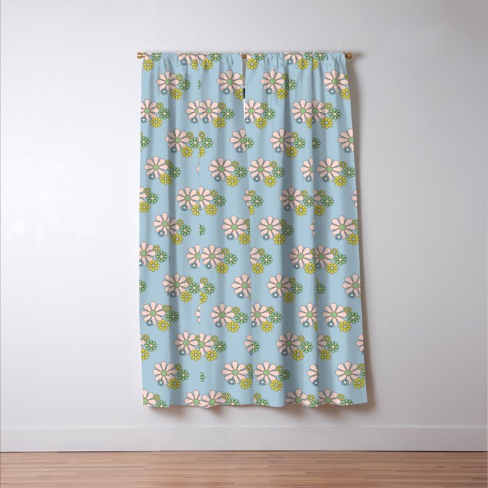 Retro Garden Party 60s 70s Geometric Floral Pattern in Pastel Blue Pink Green Window Curtain Gallery Image 3