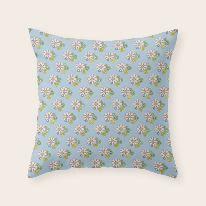 Retro Garden Party 60s 70s Geometric Floral Pattern in Pastel Blue Pink Green Throw Pillow Gallery Image 1