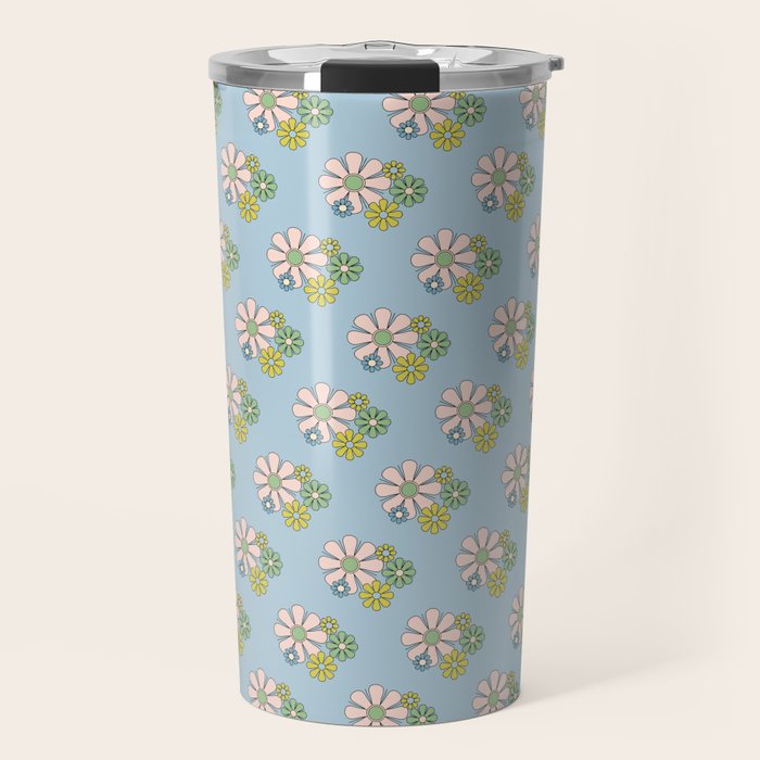 Retro Garden Party 60s 70s Geometric Floral Pattern in Pastel Blue Pink Green Travel Mug Gallery Image 1