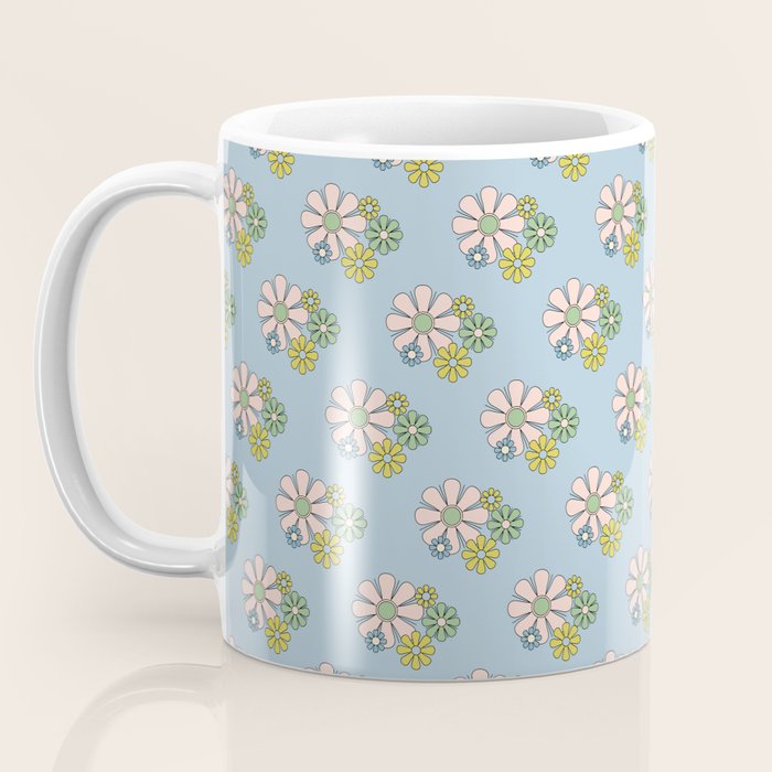Retro Garden Party 60s 70s Geometric Floral Pattern in Pastel Blue Pink Green Coffee Mug Gallery Image 3