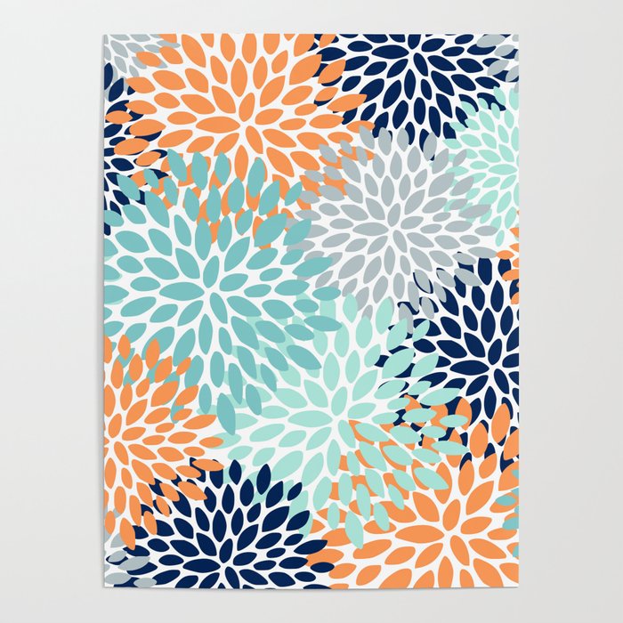 Floral Blooms, Navy, Orange, Teal, Gray Poster Gallery Image 1