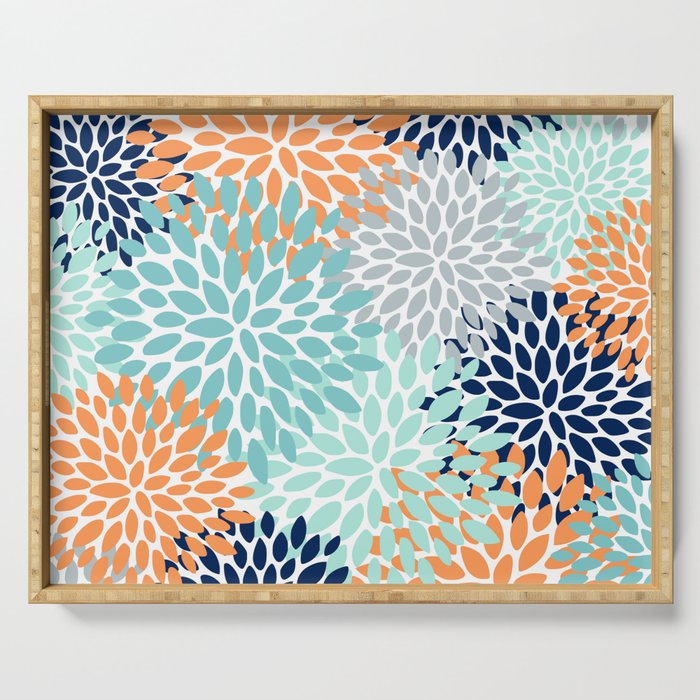 Floral Blooms, Navy, Orange, Teal, Gray Serving Tray Gallery Image 1