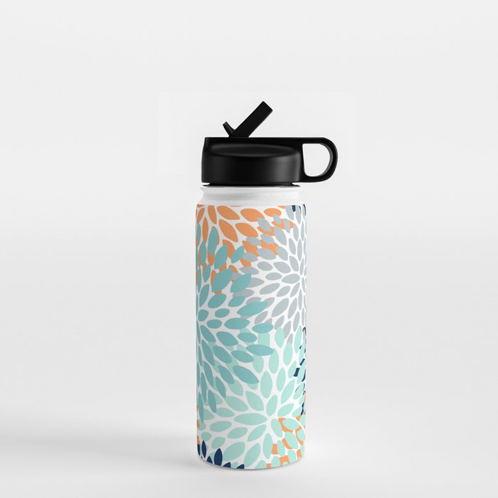 Floral Blooms, Navy, Orange, Teal, Gray Water Bottle Gallery Image 1