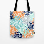 Floral Blooms, Navy, Orange, Teal, Gray Tote Bag Gallery Image 1
