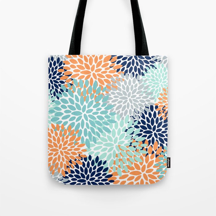 Floral Blooms, Navy, Orange, Teal, Gray Tote Bag Gallery Image 1
