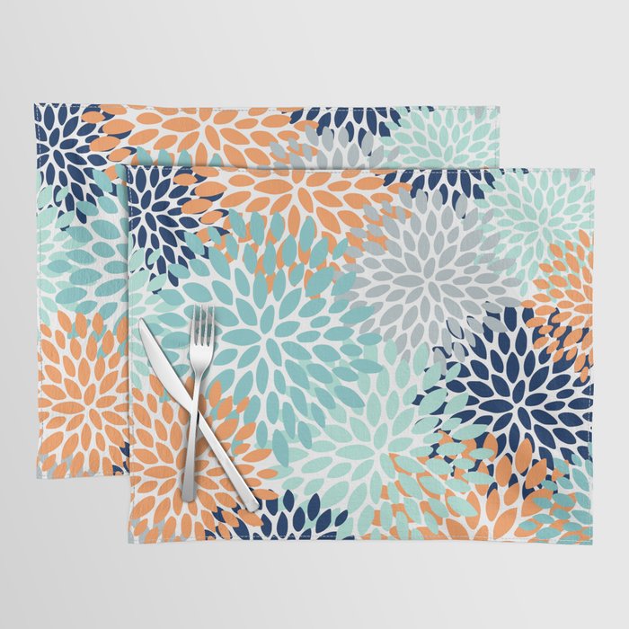 Floral Blooms, Navy, Orange, Teal, Gray Placemat Gallery Image 1