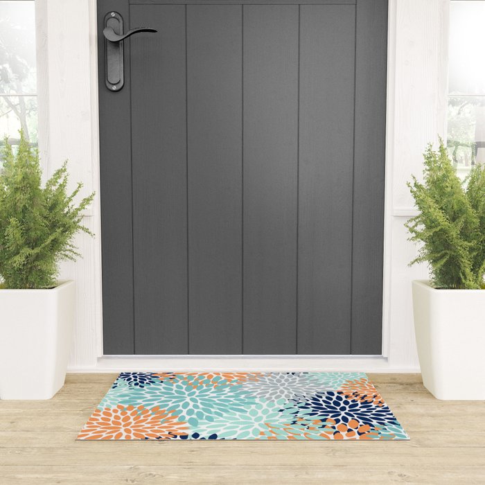 Floral Blooms, Navy, Orange, Teal, Gray Welcome Mat Gallery Image 3