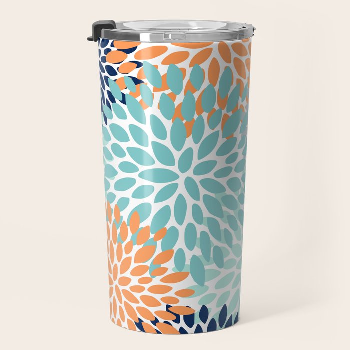 Floral Blooms, Navy, Orange, Teal, Gray Travel Mug Gallery Image 3