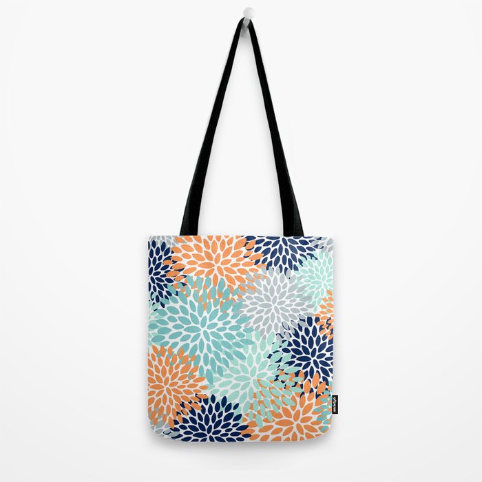 Floral Blooms, Navy, Orange, Teal, Gray Tote Bag Gallery Image 2