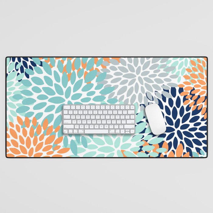 Floral Blooms, Navy, Orange, Teal, Gray Desk Mat Gallery Image 1