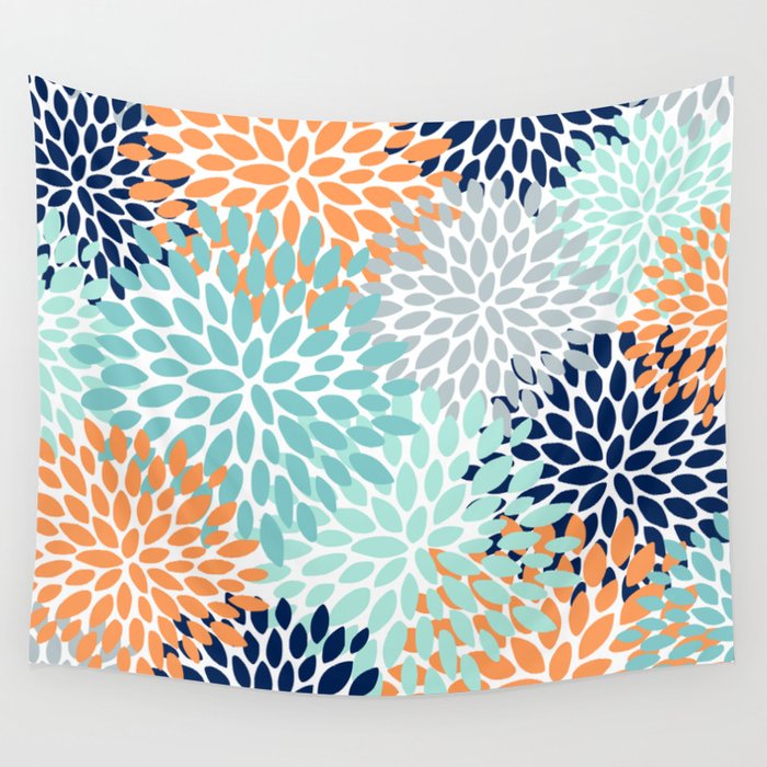 Floral Blooms, Navy, Orange, Teal, Gray Wall Tapestry Gallery Image 1