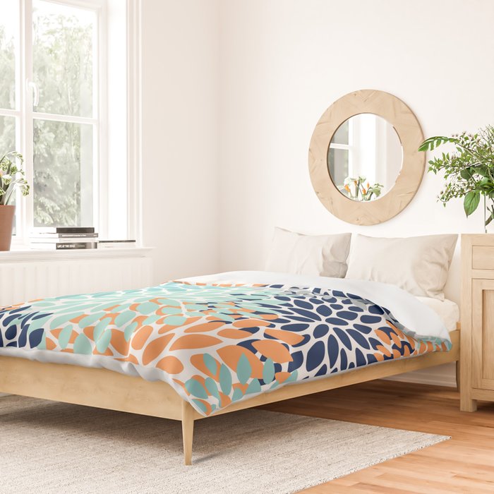 Floral Blooms, Navy, Orange, Teal, Gray Duvet Cover Gallery Image 2