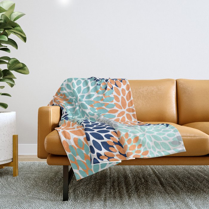 Floral Blooms, Navy, Orange, Teal, Gray Throw Blanket Gallery Image 1