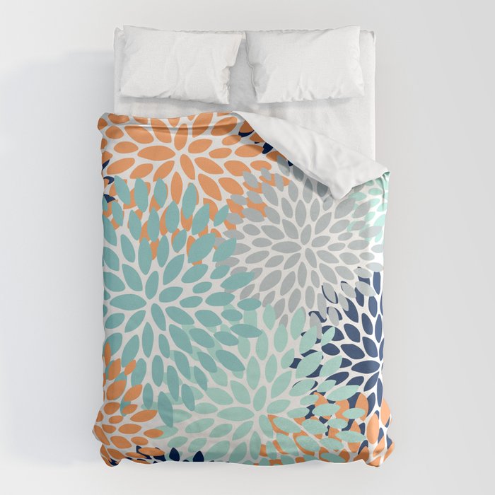 Floral Blooms, Navy, Orange, Teal, Gray Duvet Cover Gallery Image 6