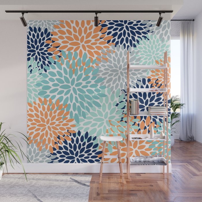 Floral Blooms, Navy, Orange, Teal, Gray Wall Mural Gallery Image 1