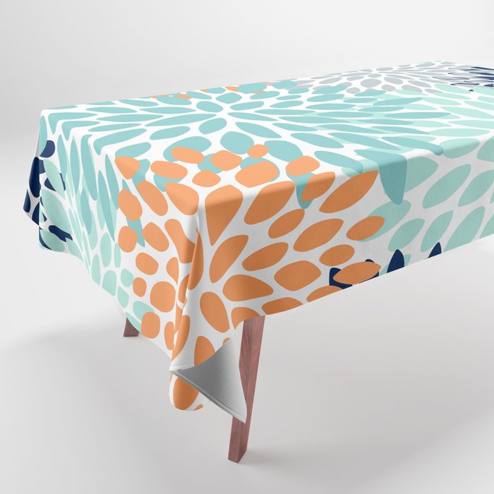 Floral Blooms, Navy, Orange, Teal, Gray Tablecloth Gallery Image 1