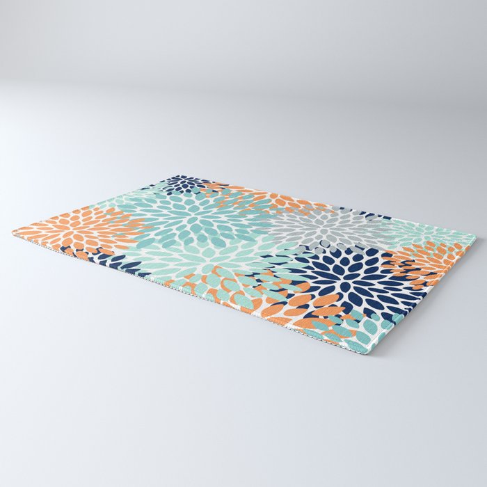 Floral Blooms, Navy, Orange, Teal, Gray Rug Gallery Image 3