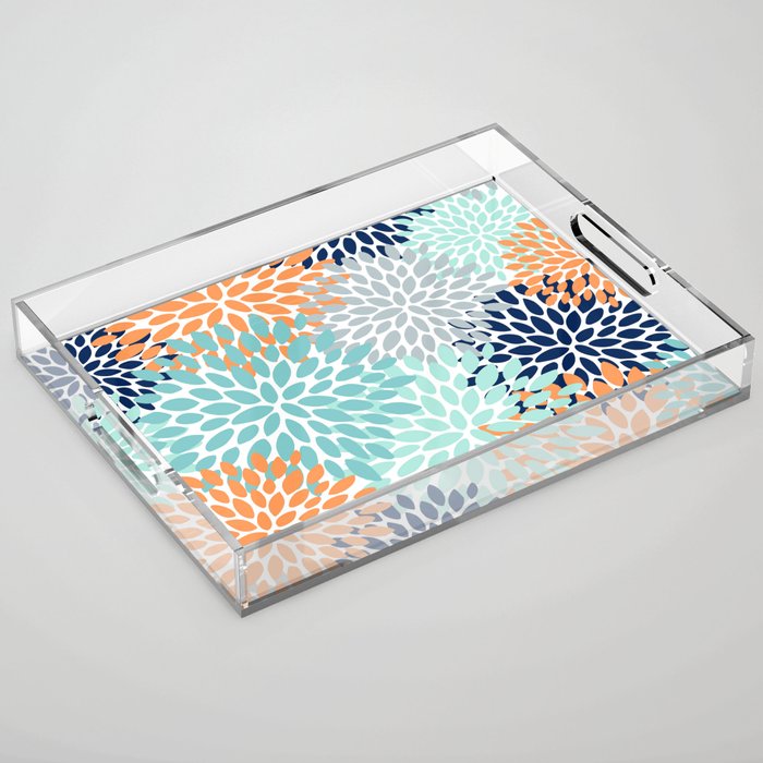 Floral Blooms, Navy, Orange, Teal, Gray Acrylic Tray Gallery Image 1