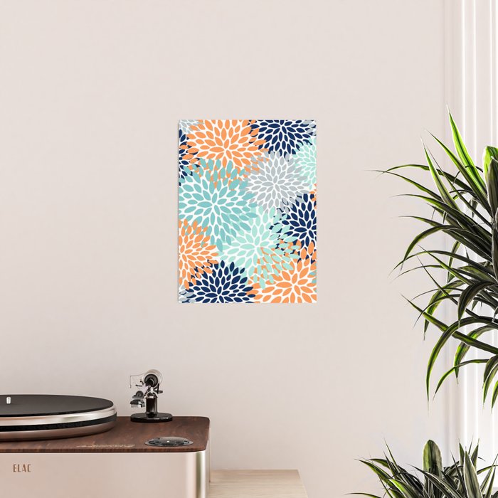 Floral Blooms, Navy, Orange, Teal, Gray Poster Gallery Image 2