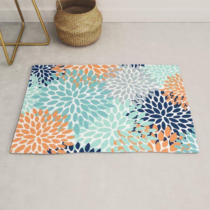 Floral Blooms, Navy, Orange, Teal, Gray Rug Gallery Image 1