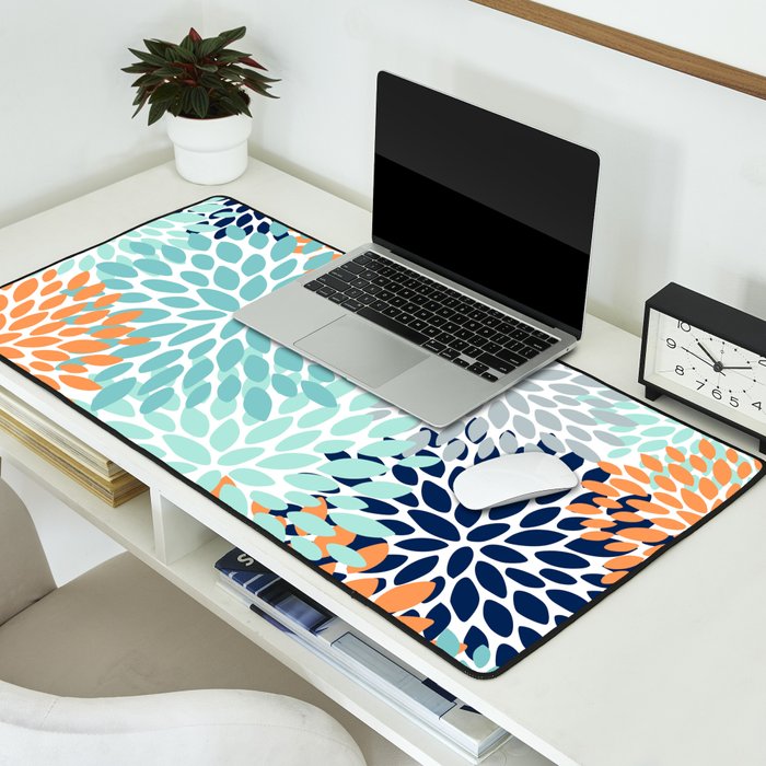 Floral Blooms, Navy, Orange, Teal, Gray Desk Mat Gallery Image 2