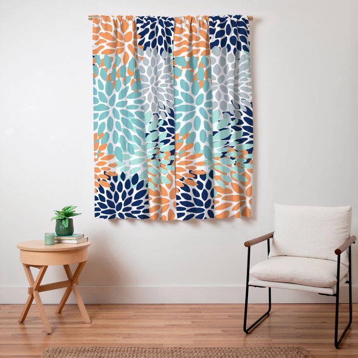 Floral Blooms, Navy, Orange, Teal, Gray Window Curtain Gallery Image 3