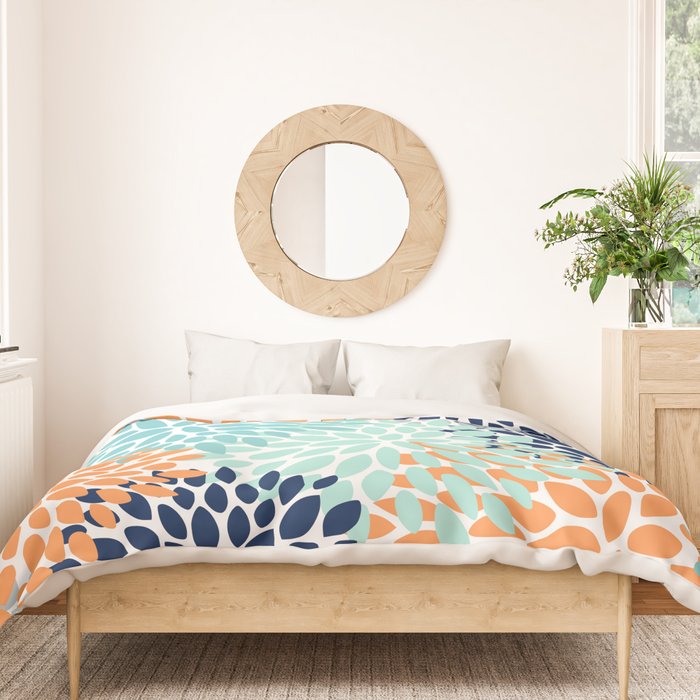 Floral Blooms, Navy, Orange, Teal, Gray Duvet Cover Gallery Image 3