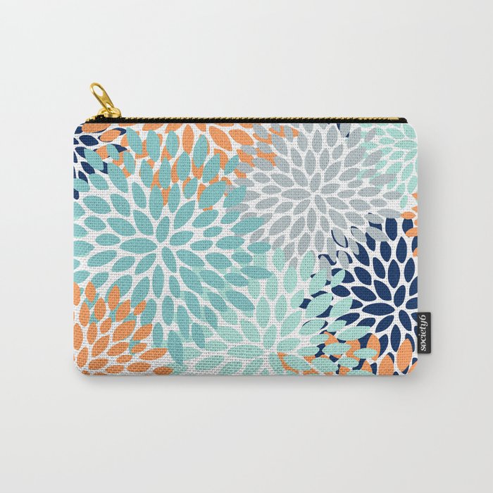 Floral Blooms, Navy, Orange, Teal, Gray Carry All Pouch Gallery Image 1