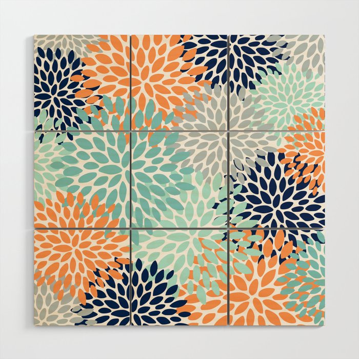 Floral Blooms, Navy, Orange, Teal, Gray Wood Wall Art Gallery Image 1
