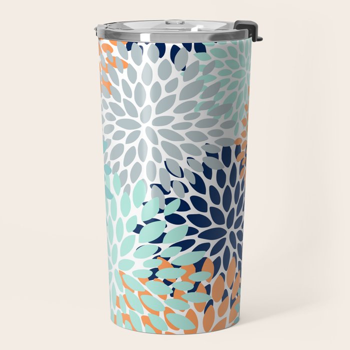 Floral Blooms, Navy, Orange, Teal, Gray Travel Mug Gallery Image 2