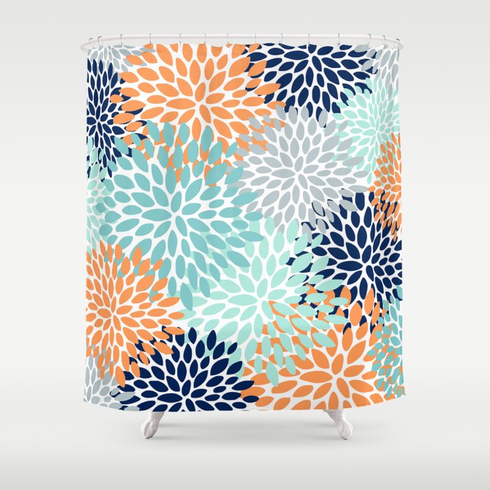 Floral Blooms, Navy, Orange, Teal, Gray Shower Curtain Gallery Image 1