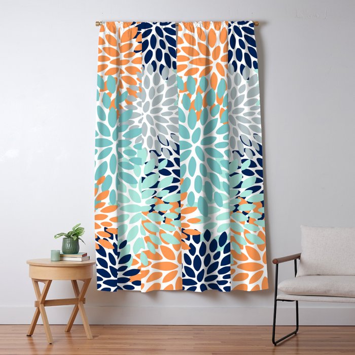 Floral Blooms, Navy, Orange, Teal, Gray Window Curtain Gallery Image 5