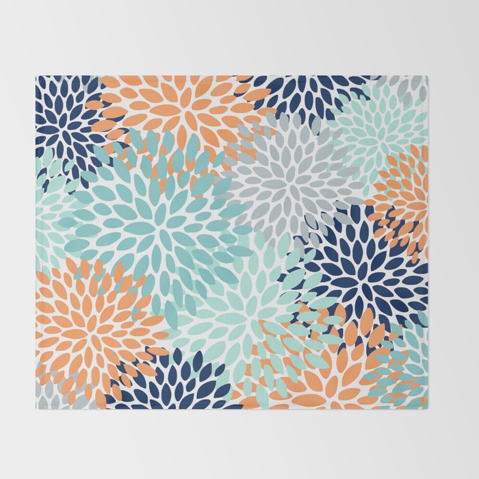 Floral Blooms, Navy, Orange, Teal, Gray Throw Blanket Gallery Image 2