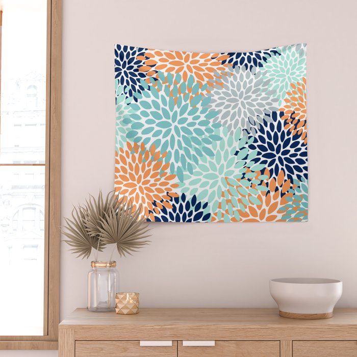 Floral Blooms, Navy, Orange, Teal, Gray Wall Tapestry Gallery Image 2