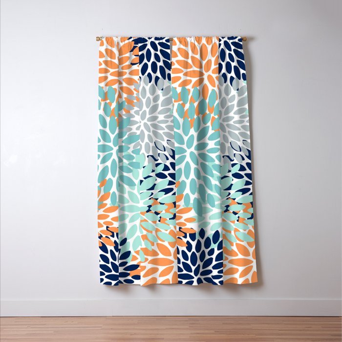 Floral Blooms, Navy, Orange, Teal, Gray Window Curtain Gallery Image 3