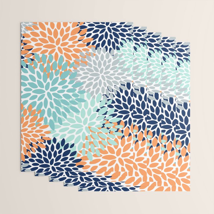 Floral Blooms, Navy, Orange, Teal, Gray Wrapping Paper Gallery Image 3