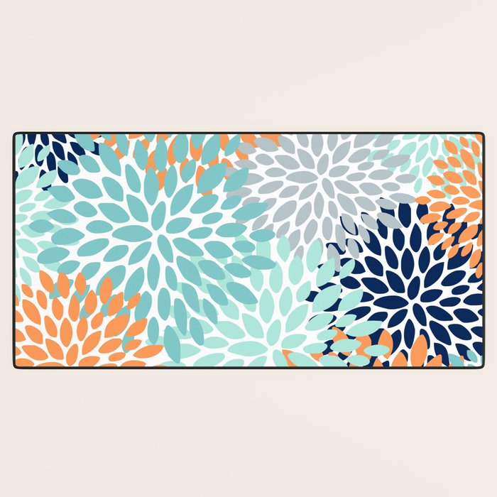 Floral Blooms, Navy, Orange, Teal, Gray Desk Mat Gallery Image 3