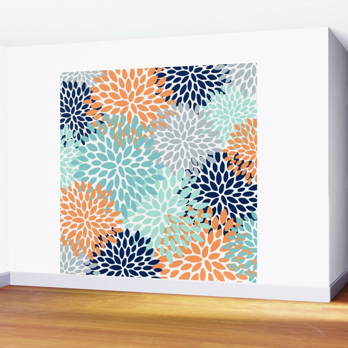 Floral Blooms, Navy, Orange, Teal, Gray Wall Mural Gallery Image 2