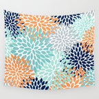 Floral Blooms, Navy, Orange, Teal, Gray Wall Tapestry Gallery Image 4
